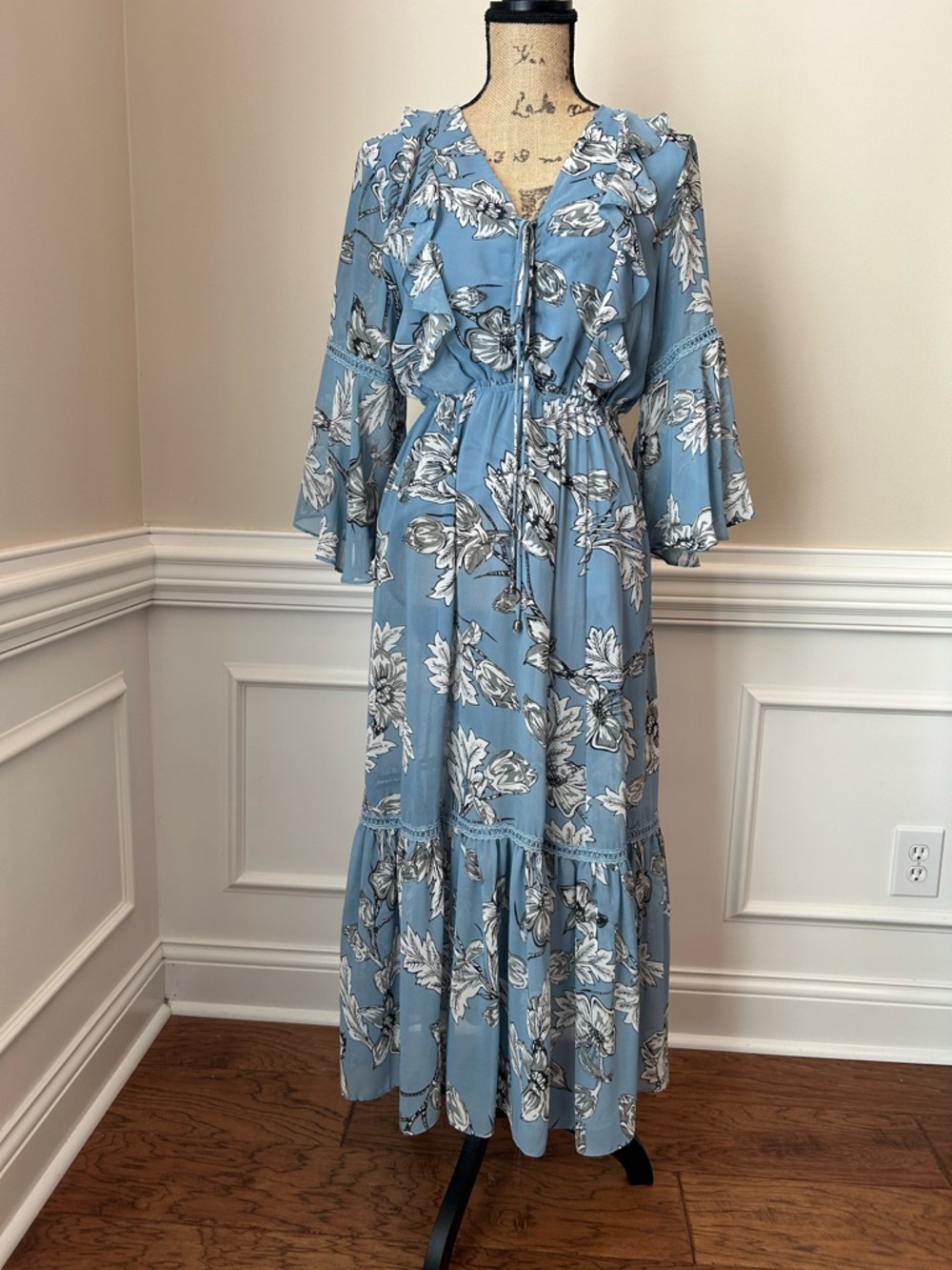 She + Sky Blue Floral Ruffle Maxi Dress